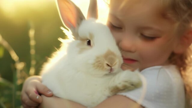 The image shows a white fluffy bunny sitting peacefully in a childs arms. The childs face is relaxed and full of love as they stroke the bunnys soft fur finding comfort in
