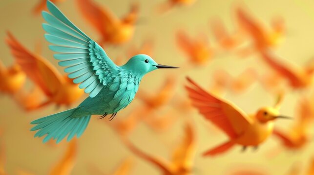 3D render of a turquoise bird flying in a different direction than orange birds, isolated background