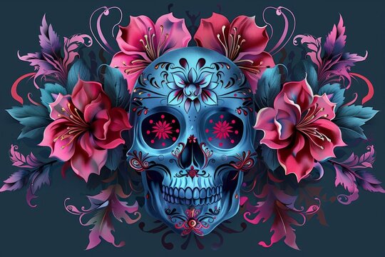Clip art of an  ornamental skull, covered with maroon color flowers. Dark background. Mexican Day of The Dead art decoration. 