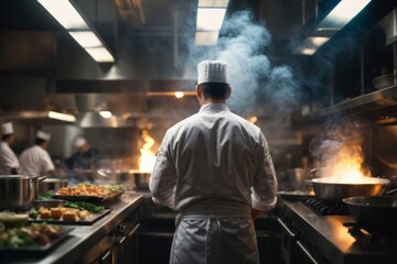 back view of male chef cooking food menu in restaurant kitchen