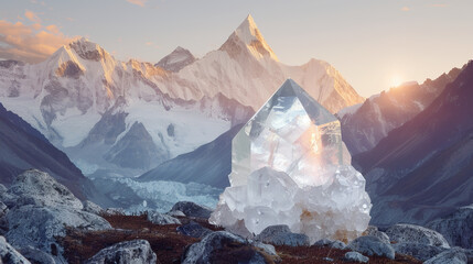 A colossal crystal stands tall among a dramatic snow-covered mountain range under the evening sky - obrazy, fototapety, plakaty