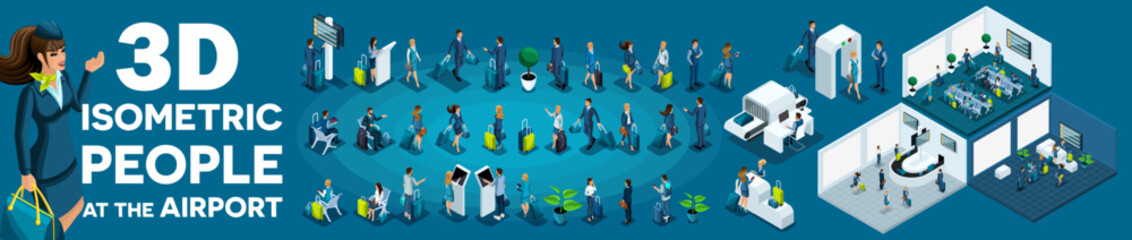 Large set of isometric, 3D people at the airport, businessmen with suitcases, vacationers and travelers with bags for flights. 3 Airport Premises