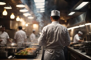 back view of male chef cooking food menu in restaurant kitchen