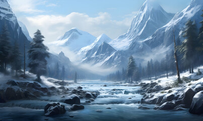 Fantasy winter landscape with mountain river and forest. 3d render