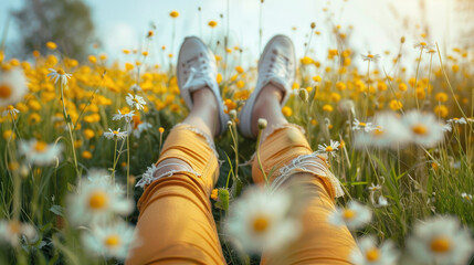 Girl's Legs Lying on Blossoming Field