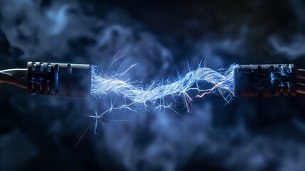 Dynamic image showing a powerful electric arc streaming between two metal cables with a dark, smokey background. - obrazy, fototapety, plakaty