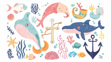 Set of sea animals - seashells fish whale seahorset