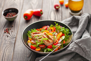Salad with grilled chicken fillet, fresh green  leaves, cucumber, tomatoes, sweet pepper and radish. Healthy lunch salad in bowl.