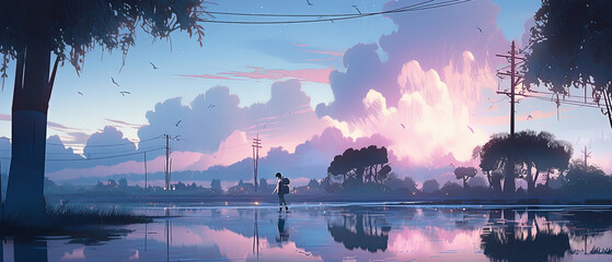 anime scene of a man walking on a flooded road with a pink sky - obrazy, fototapety, plakaty
