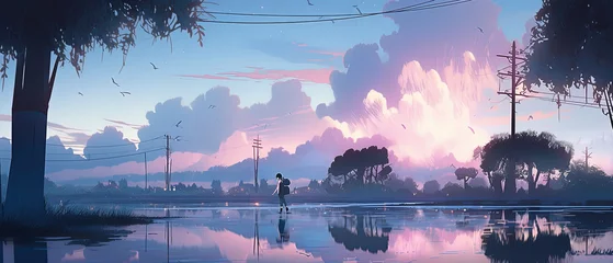 Fotobehang anime scene of a man walking on a flooded road with a pink sky © Masum