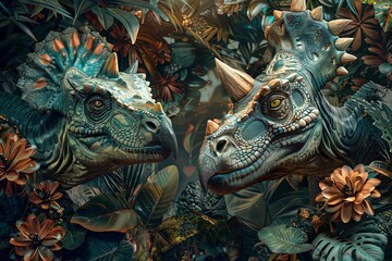 A wallpaper featuring dinosaurs and lush jungle foliage for a prehistoric party
