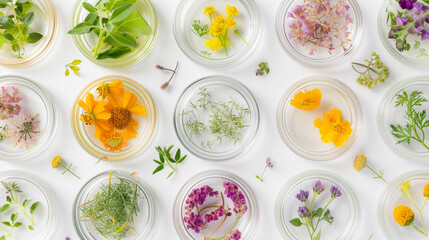 A variety of petri dishes with fresh flowers and herbs