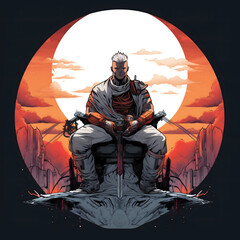 A powerful illustration of a hero sitting in a circle with his arms raised, capturing a moment of triumph and strength, blending dynamic composition, Created using generative AI tools