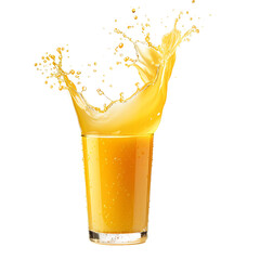 Orange, Mango , yellow fruit juice splashing out from glass , water drops on glass in white background