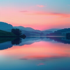 A serene landscape with rolling hills and a calm lake reflecting the colors of the sunset