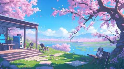 beautiful natural scenery outside in spring, anime style