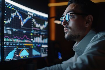 Businessman analyzing market trends and charts on a large monitor.  - obrazy, fototapety, plakaty