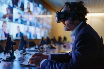 Businessman attending a virtual reality meeting from anywhere in the world