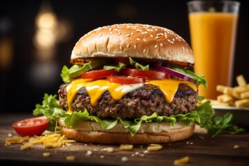 grilled beef hamburger with cheese in fast food restaurant