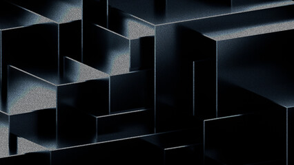 Black dark background illustration with geometric graphic elements, light effect and noise texture. 3d rendering