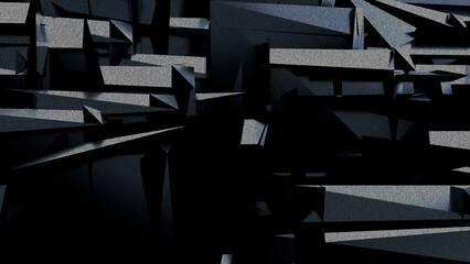 Black dark background illustration with geometric graphic elements, light effect and noise texture. 3d rendering