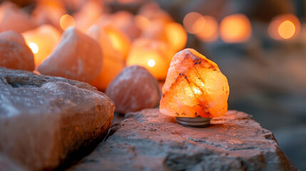 Softly lit natural Himalayan salt lamp positioned on a rugged surface, providing a warm ambient glow - obrazy, fototapety, plakaty