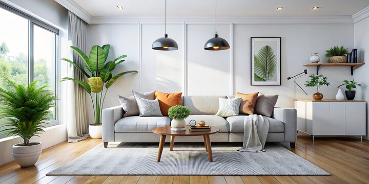 Bright and cozy modern living room interior have sofa and plant with white wall