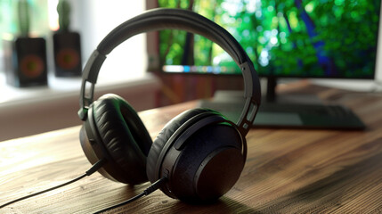 Fototapeta na wymiar Relaxing Nature Sounds with Headphones on Desk