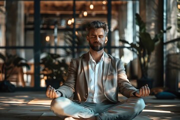 Focused businessman meditating in a tranquil office setting crafting innovative business strategies during a restorative yoga session - obrazy, fototapety, plakaty