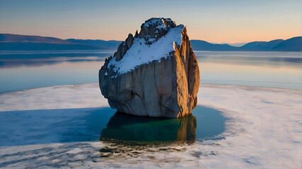 Aerial view of Shaman rock at sunset, one of sacred place in frozen lake Baikal in winter season of Siberia, Russia - obrazy, fototapety, plakaty