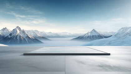 Square concrete floor with amazing winter snow mountain landscape - obrazy, fototapety, plakaty