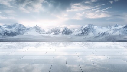 Fototapeta premium Square concrete floor with amazing winter snow mountain landscape