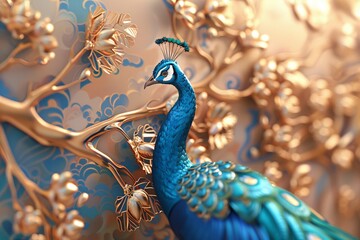 Obraz premium A peacock is standing on a tree branch with flowers in the background