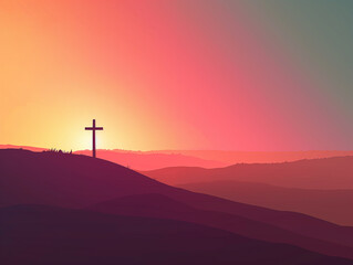 해돋이 언덕에 있는 기독교 십자가에서 영감을 얻은 2D 일러스트레이션.