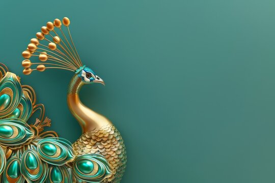 A gold and green peacock with a blue background