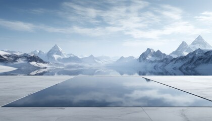 Square concrete floor with amazing winter snow mountain landscape