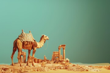 A camel is standing in the desert with a blue sky in the background