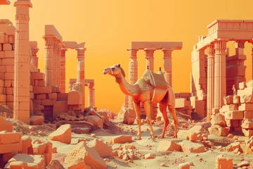Tuinposter A camel is standing in a desert with ruins in the background © toonsteb