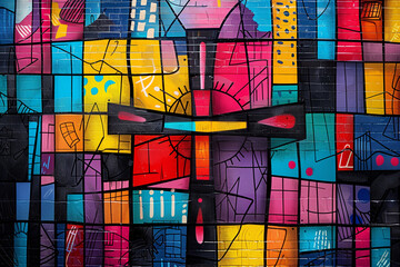 Pop art stained glass abstract. bold colors, Black Friday cross. Playful faith, Christian art