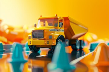 A yellow truck is driving down a road with other yellow trucks behind it