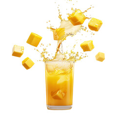 Mango juice splashing out from glass with mango cubes, floating in air, juice filled glass