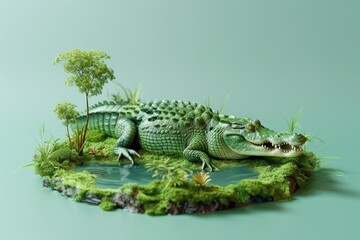 Fototapeta premium A crocodile is laying on a patch of grass in a pond