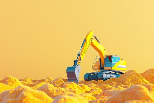 A yellow excavator is digging into a pile of dirt