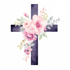 watercolor cross with pastel dusty pink, purple, navy flowers, pastel colors, hand-painted, clipart, matte watercolor illustration decorative arrangement of flowers hot pink roses.