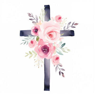 recommend clip art: watercolor cross with pastel dusty pink, purple, navy flowers, pastel colors, hand-painted, clipart, matte watercolor illustration decorative arrangement of flowers hot pink roses.