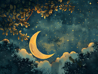 Obraz na płótnie Canvas illustration of crescent moon in the night sky, stars and clouds, tree branches with leaves