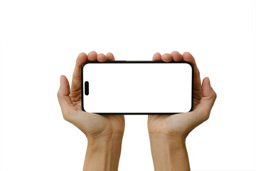Two hands holding the smartphone mockup in a vertical posture with a clear screen including clipping path and modern frameless design for advertisement.