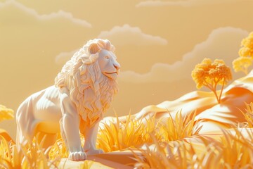 A white lion stands in a field of yellow grass - obrazy, fototapety, plakaty