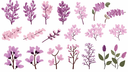 Spring blooming tree branches set. Lilac twigs 
