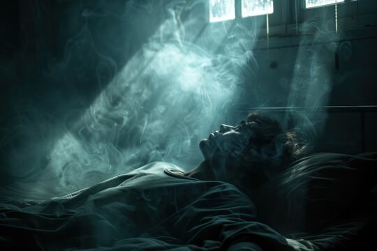 A man is laying in bed with smoke surrounding him. Scene is eerie and unsettling